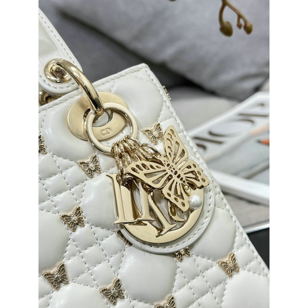 Dior small Lady Dior Bag white Cannage Lambskin with Gold-Finish Butterfly Studs 20cm Bags