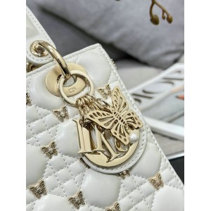 Dior small Lady Dior Bag white Cannage Lambskin with Gold-Finish Butterfly Studs 20cm Bags
