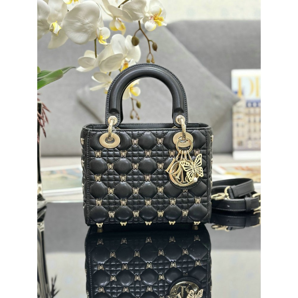 Dior Small Lady Bag Black Cannage Lambskin with Gold-Finish Butterfly Studs 20cm Bags