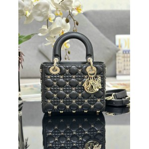 Dior Small Lady Bag Black Cannage Lambskin with Gold-Finish Butterfly Studs 20cm Bags