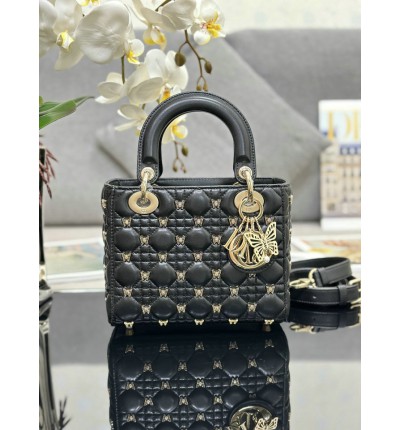 Dior Small Lady Bag Black Cannage Lambskin with Gold-Finish Butterfly Studs 20cm