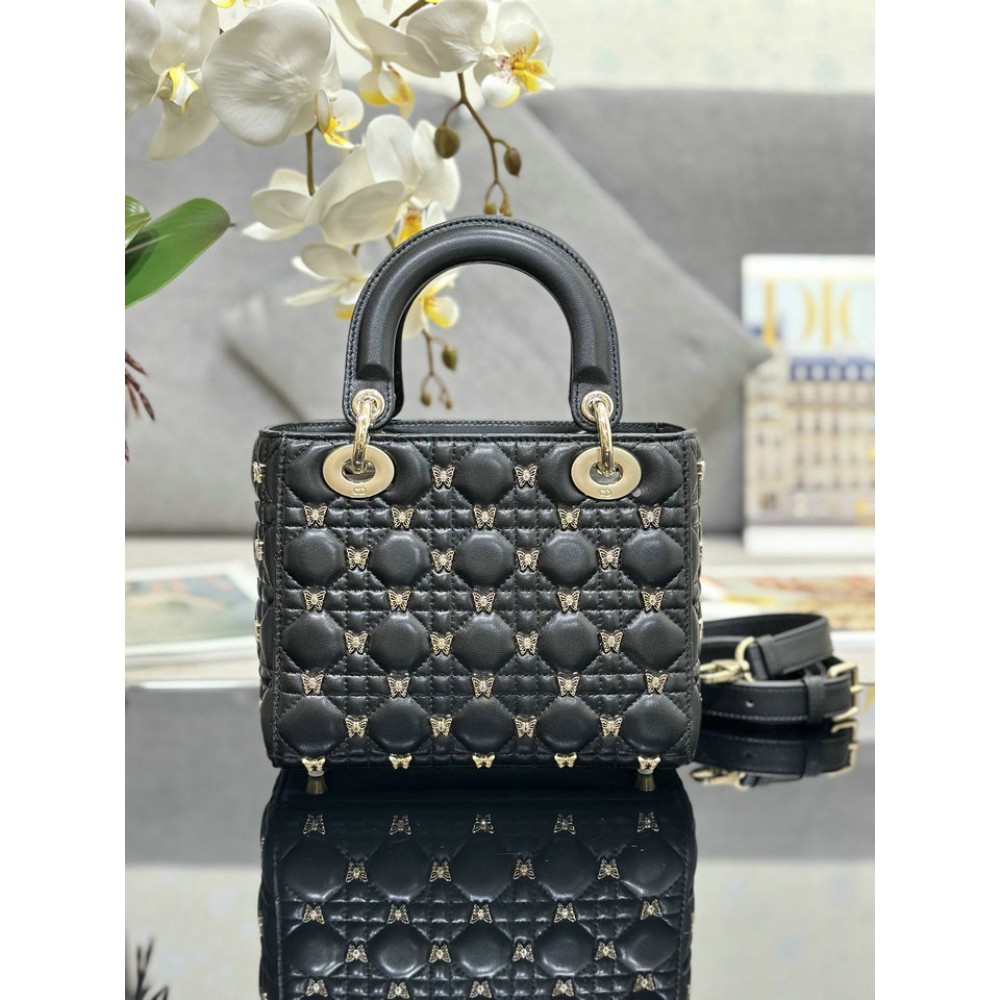 Dior Small Lady Bag Black Cannage Lambskin with Gold-Finish Butterfly Studs 20cm Bags