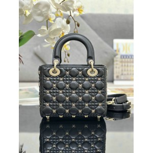 Dior Small Lady Bag Black Cannage Lambskin with Gold-Finish Butterfly Studs 20cm Bags