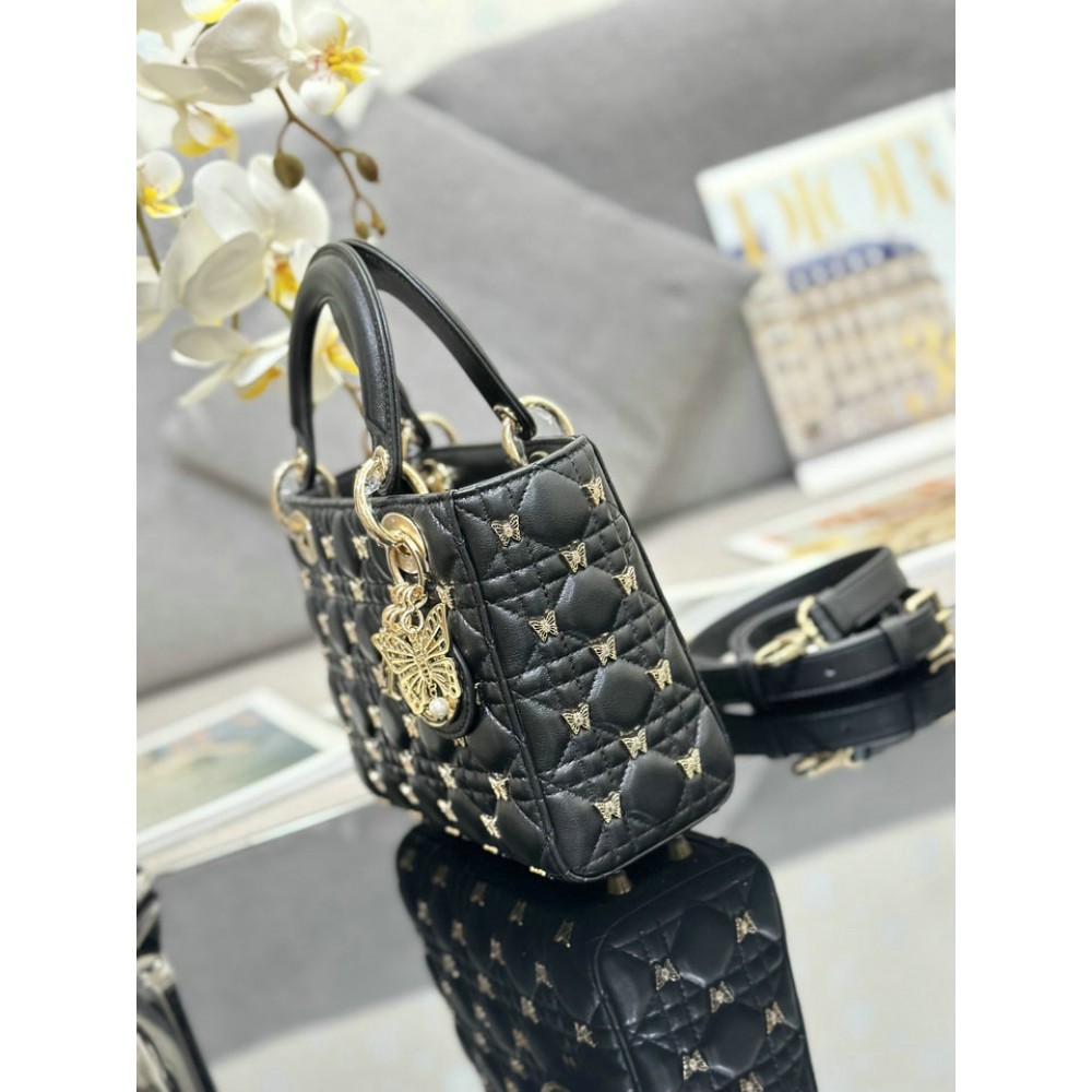 Dior Small Lady Bag Black Cannage Lambskin with Gold-Finish Butterfly Studs 20cm Bags