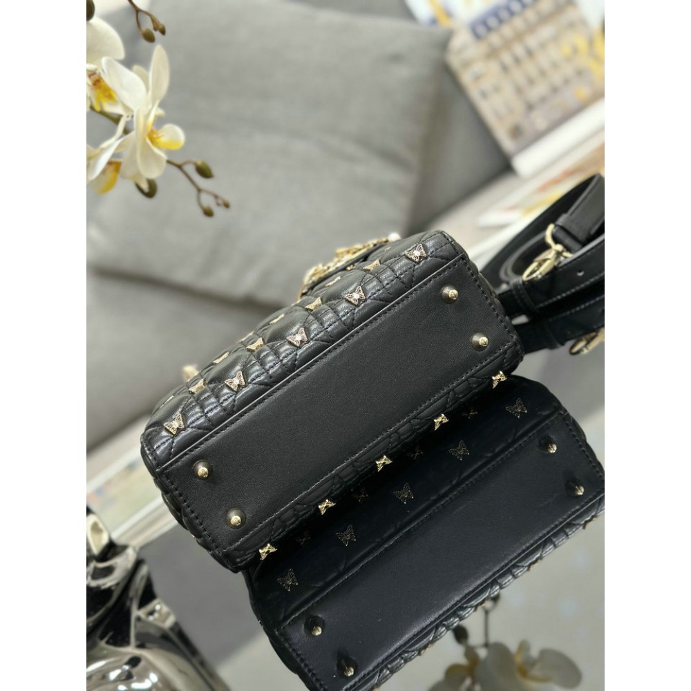 Dior Small Lady Bag Black Cannage Lambskin with Gold-Finish Butterfly Studs 20cm Bags