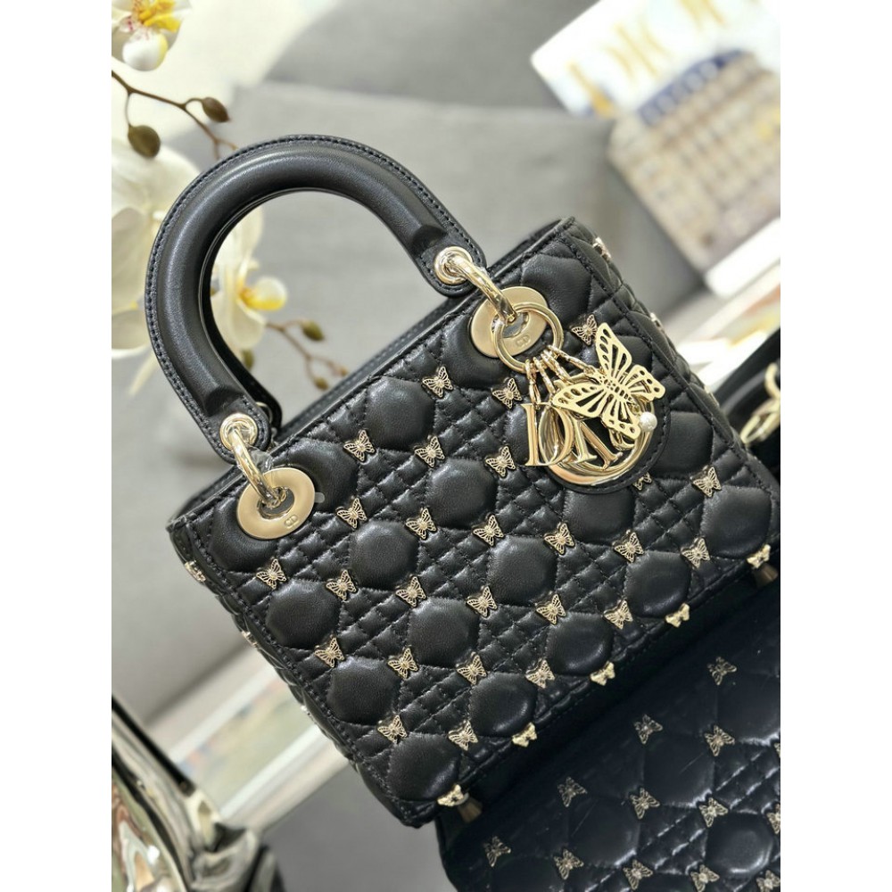 Dior Small Lady Bag Black Cannage Lambskin with Gold-Finish Butterfly Studs 20cm Bags