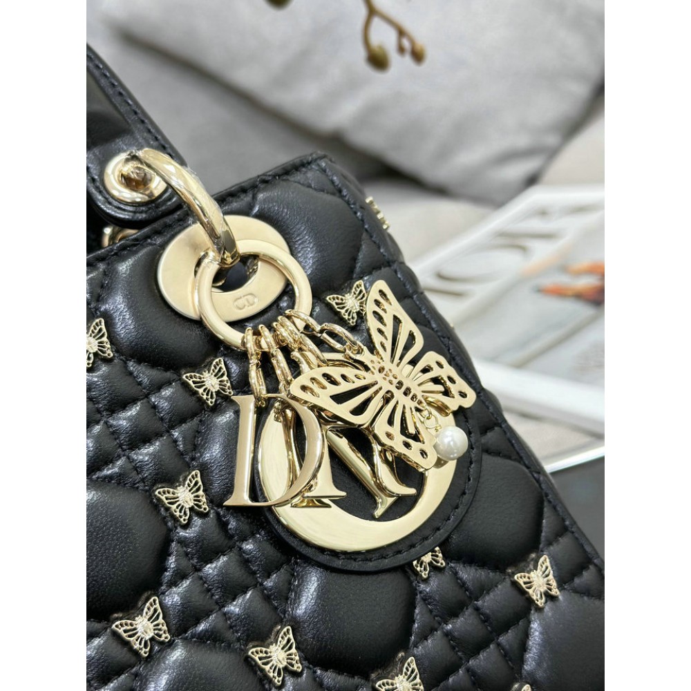 Dior Small Lady Bag Black Cannage Lambskin with Gold-Finish Butterfly Studs 20cm Bags