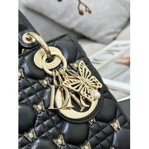 Dior Small Lady Bag Black Cannage Lambskin with Gold-Finish Butterfly Studs 20cm Bags