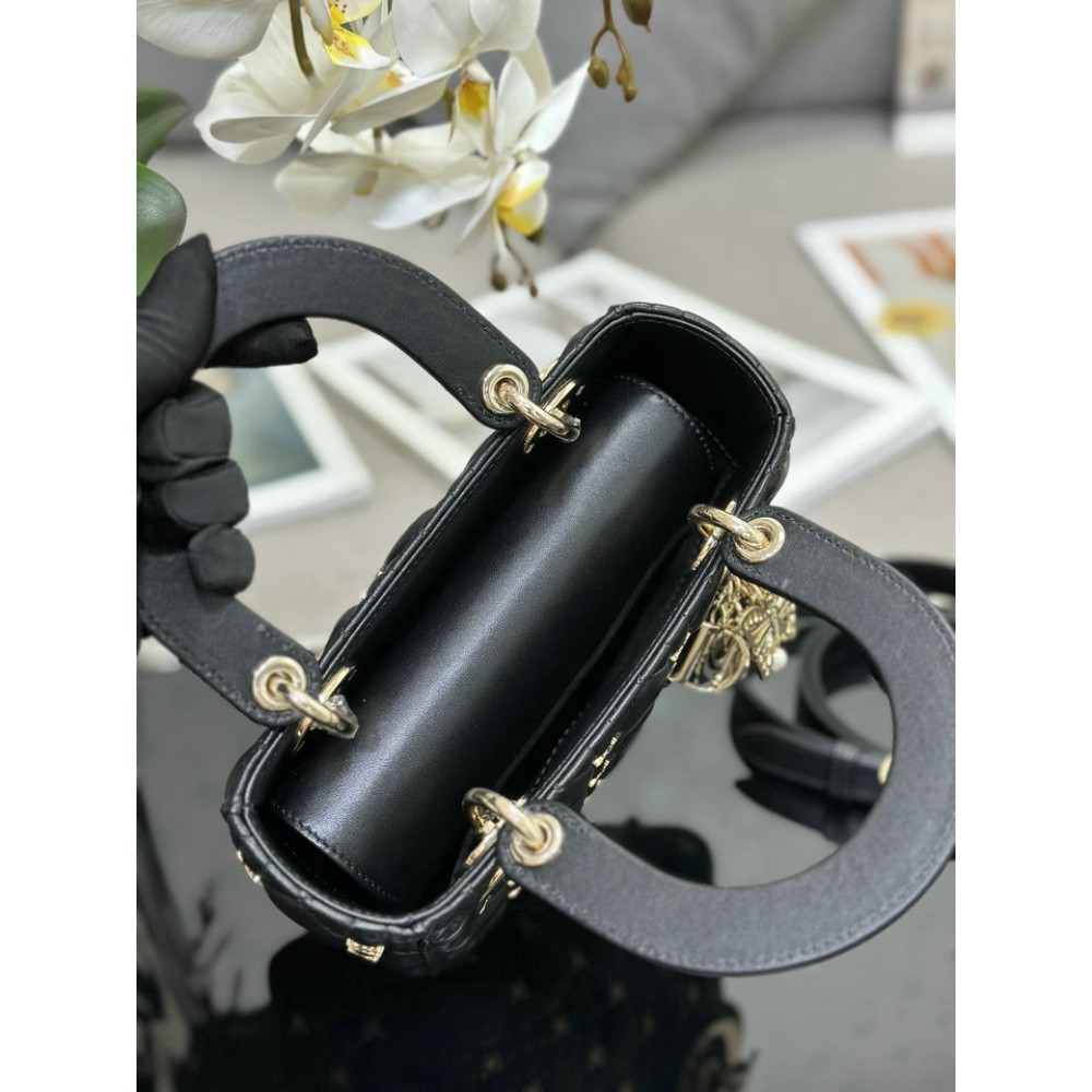 Dior Small Lady Bag Black Cannage Lambskin with Gold-Finish Butterfly Studs 20cm Bags