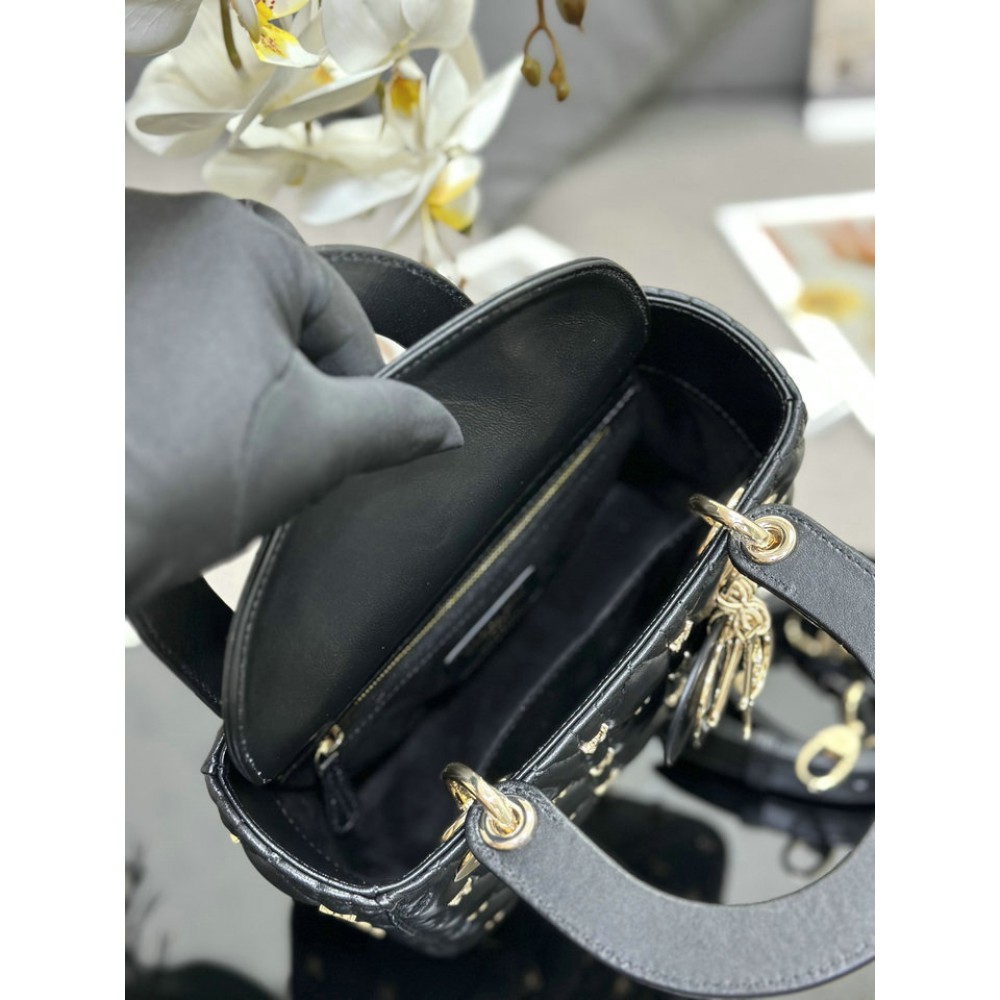 Dior Small Lady Bag Black Cannage Lambskin with Gold-Finish Butterfly Studs 20cm Bags