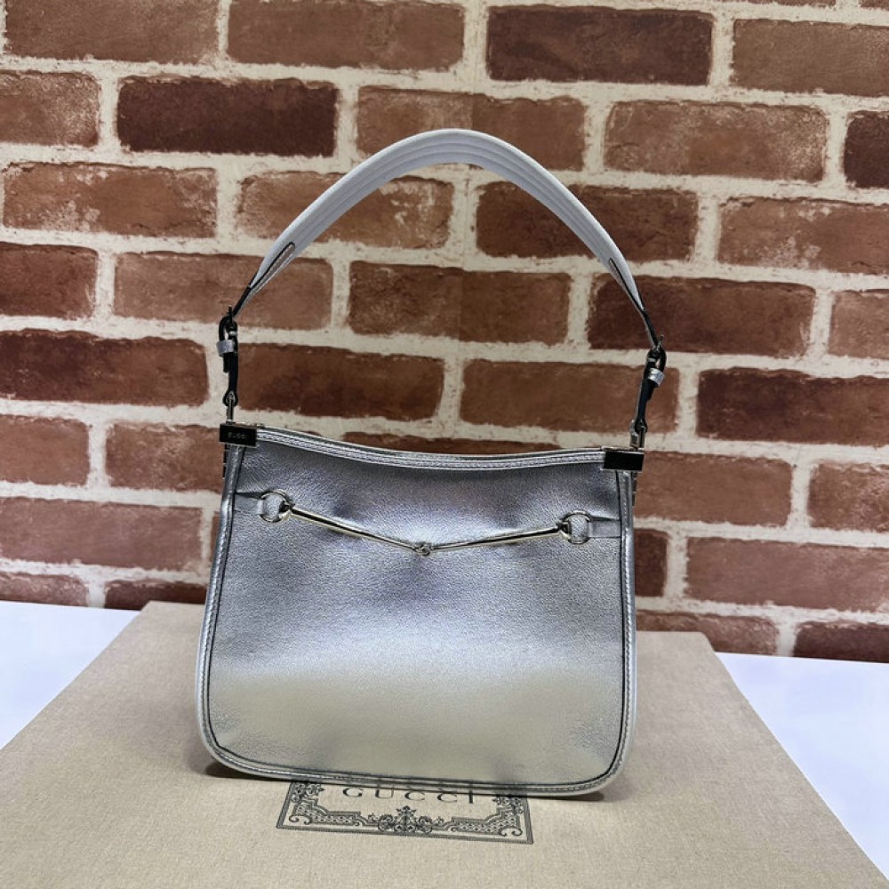 Gucci Horsebit Slim small shoulder bag in silver leather 23x18.5x3cm Bags