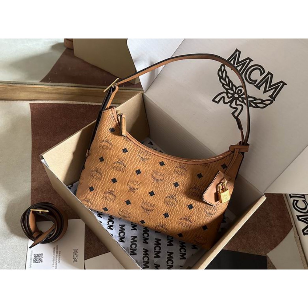 Mcm aren hobo in visetos cognac color 9.5x26x19cm Bags