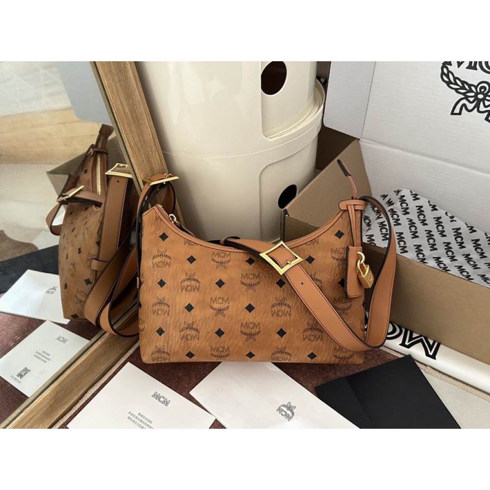 Mcm aren hobo in visetos cognac color 9.5x26x19cm Bags