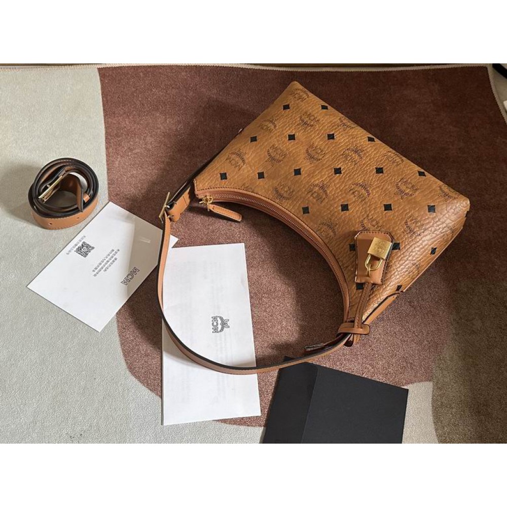 Mcm aren hobo in visetos cognac color 9.5x26x19cm Bags