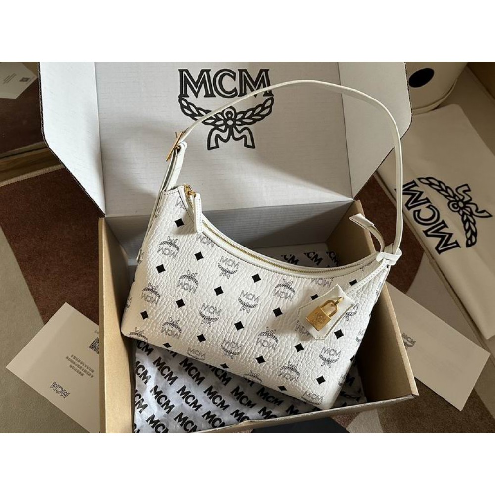Mcm aren hobo in visetos WHITE color 9.5x26x19cm Bags