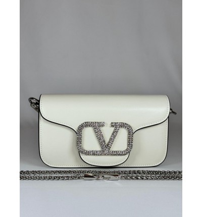 Valentino loco shoulder bag leather crystals white 20x11cm