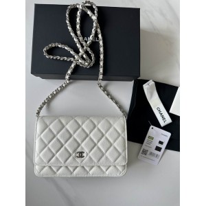 Chanel classic flap leather grained 19x12cm white silver chain Bags