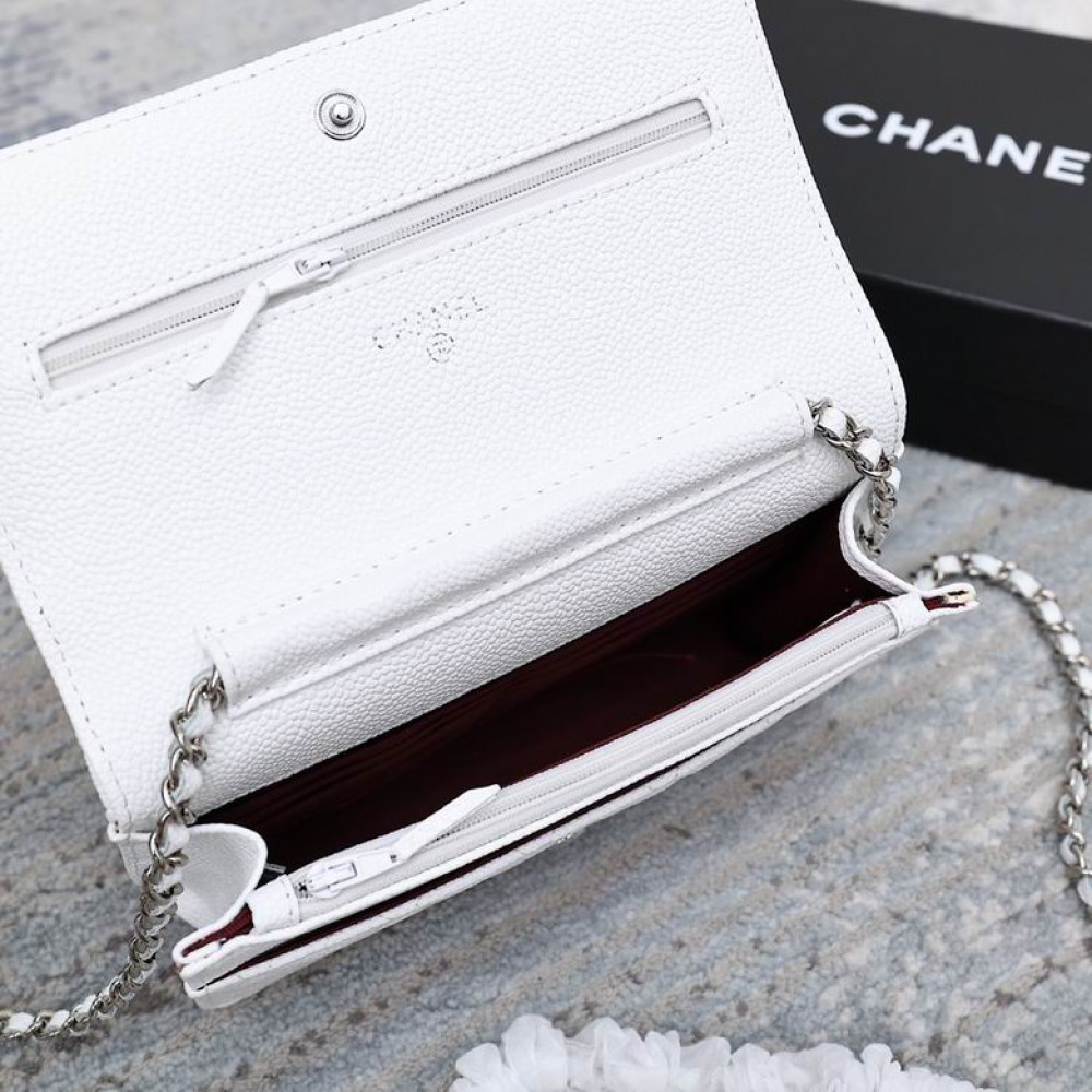 Chanel classic flap leather grained 19x12cm white silver chain Bags