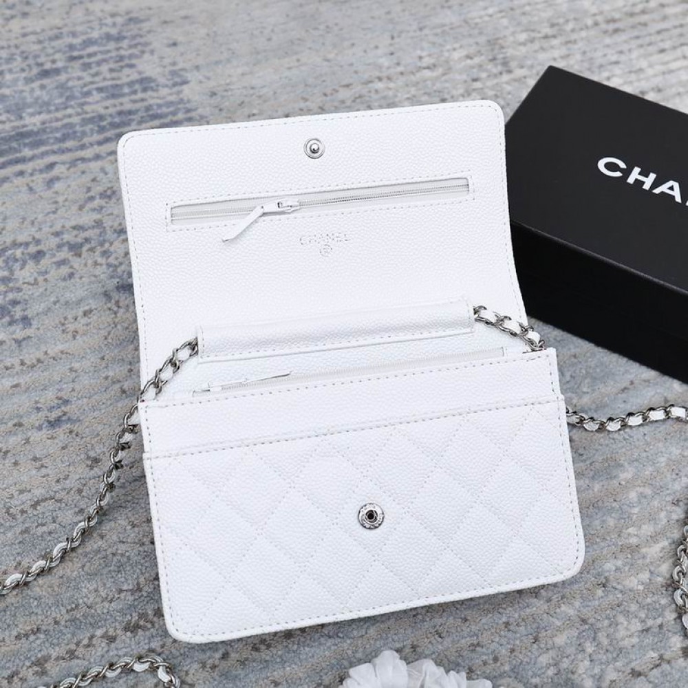 Chanel classic flap leather grained 19x12cm white silver chain Bags