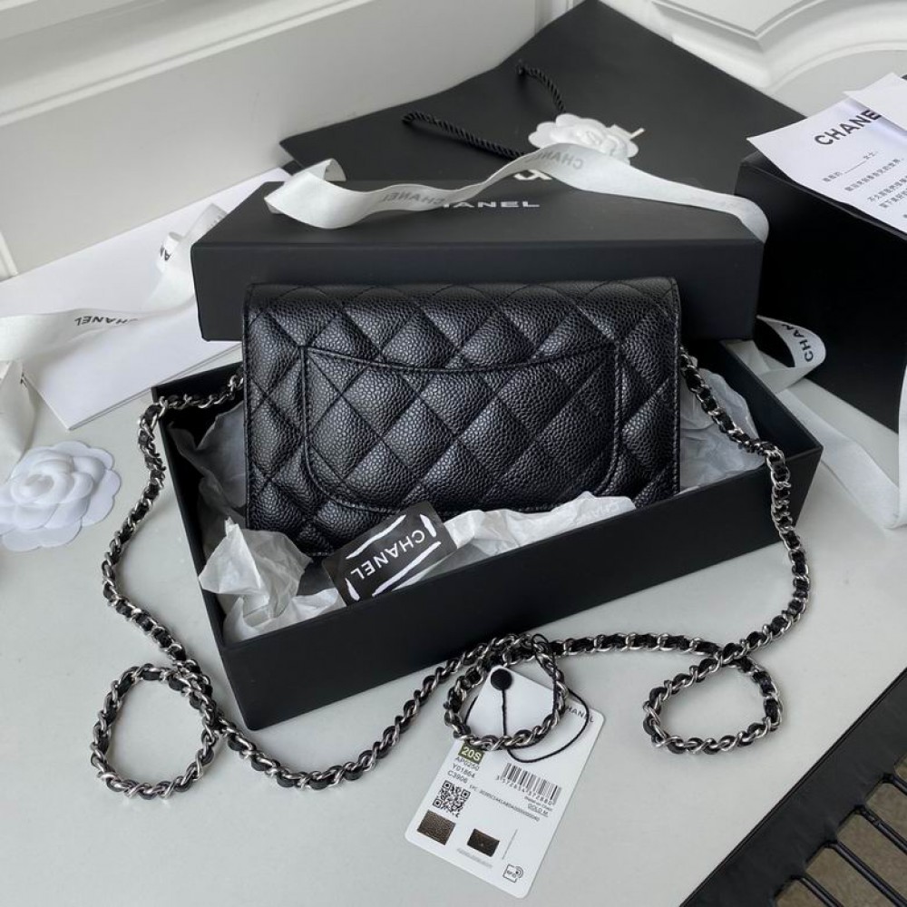 Chanel classic flap leather grained 19x12cm black silver chain Bags