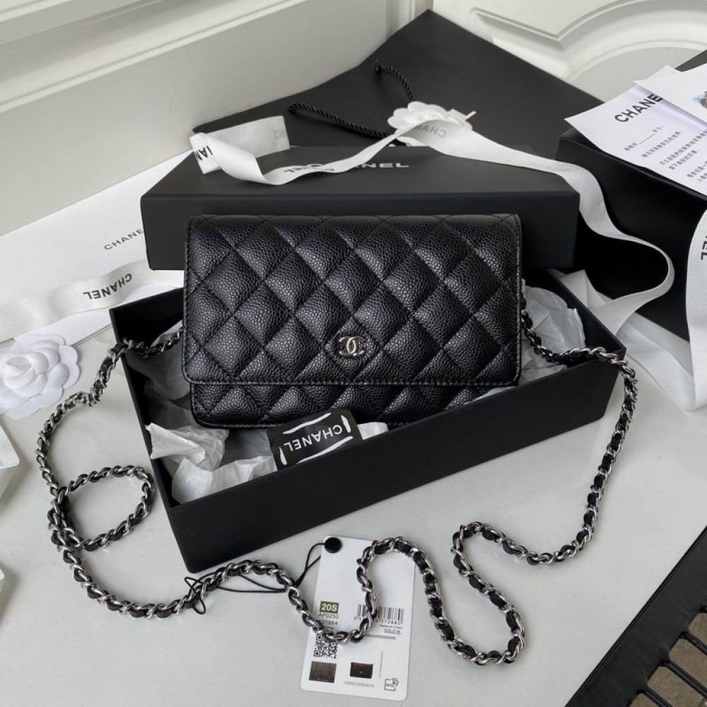 Chanel classic flap leather grained 19x12cm black silver chain Bags
