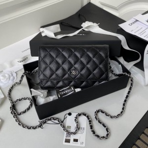 Chanel classic flap leather grained 19x12cm black silver chain Bags