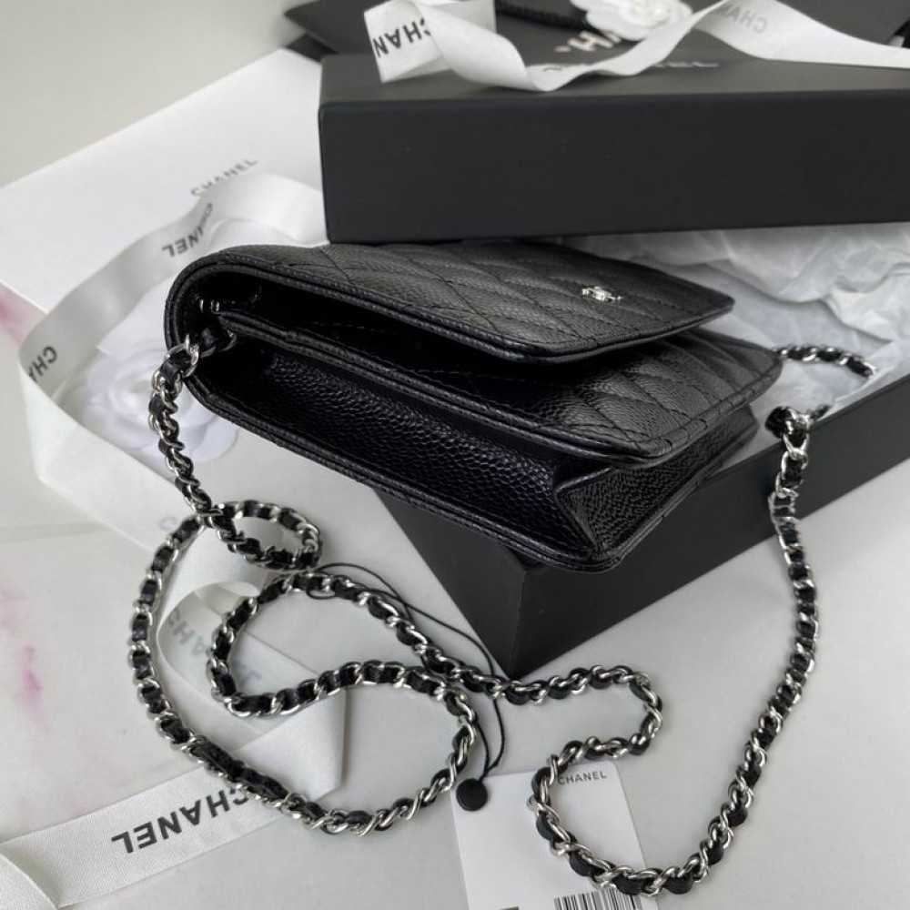 Chanel classic flap leather grained 19x12cm black silver chain Bags