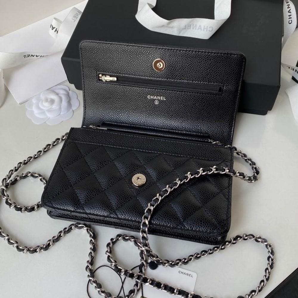 Chanel classic flap leather grained 19x12cm black silver chain Bags