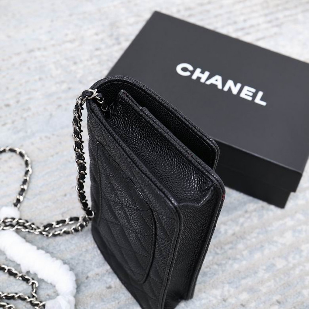 Chanel classic flap leather grained 19x12cm black silver chain Bags