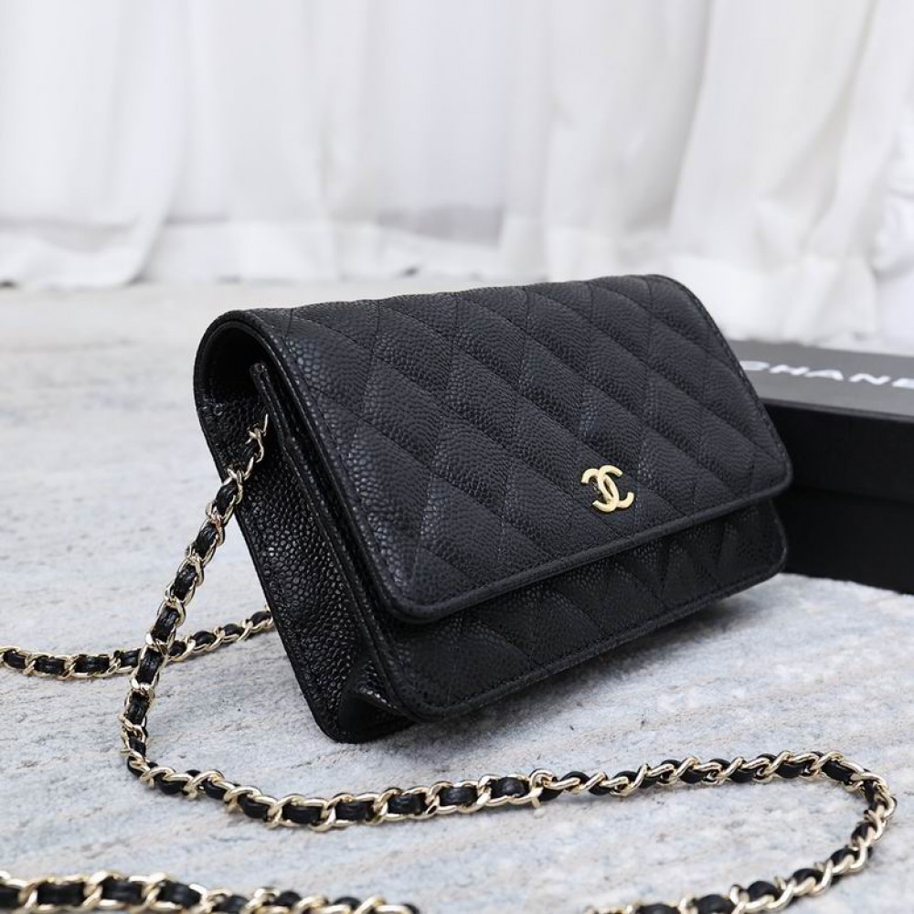 Chanel classic flap leather grained 19x12cm black gold chain Bags