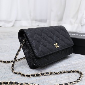 Chanel classic flap leather grained 19x12cm black gold chain Bags