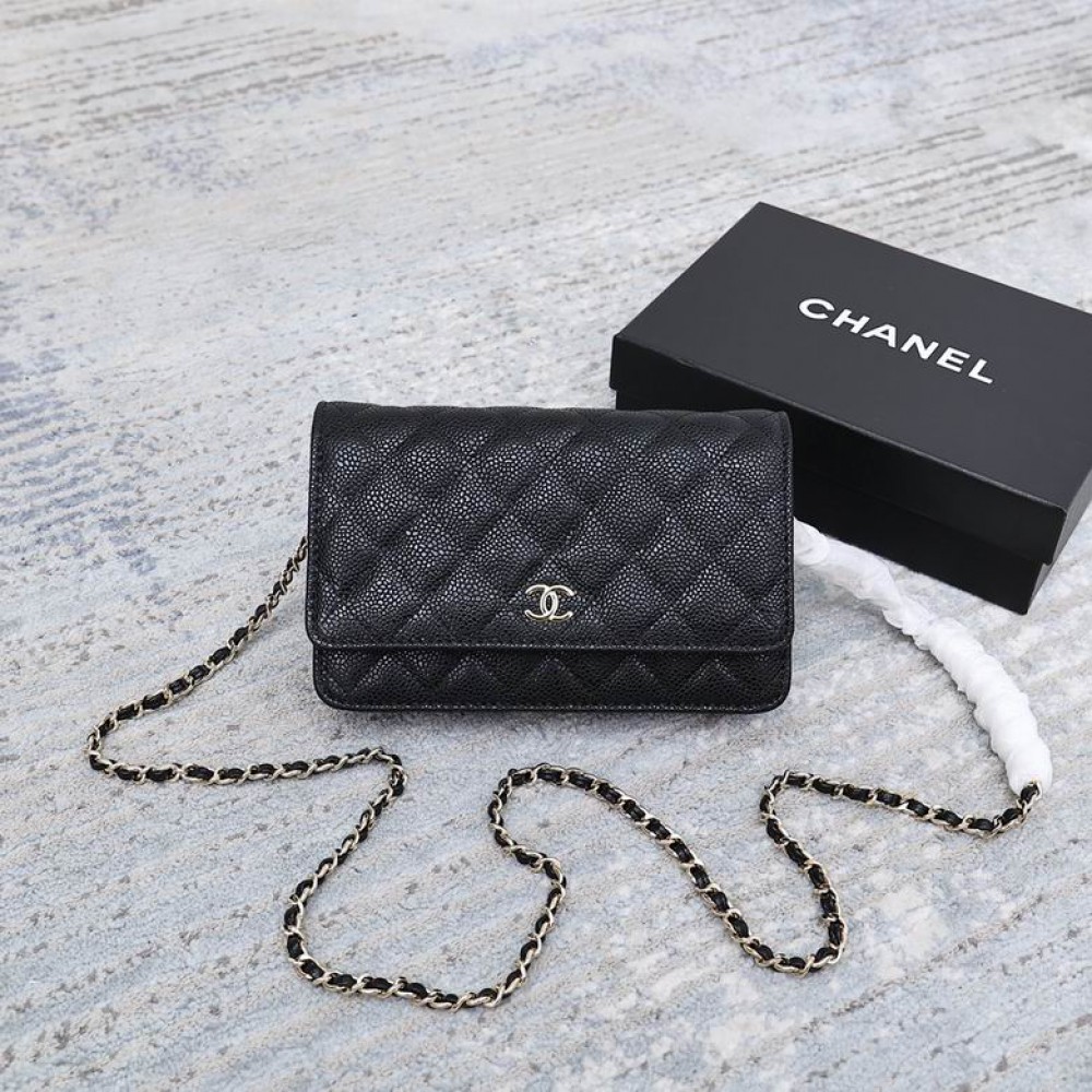 Chanel classic flap leather grained 19x12cm black gold chain Bags