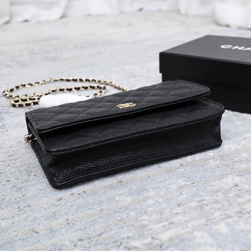 Chanel classic flap leather grained 19x12cm black gold chain Bags