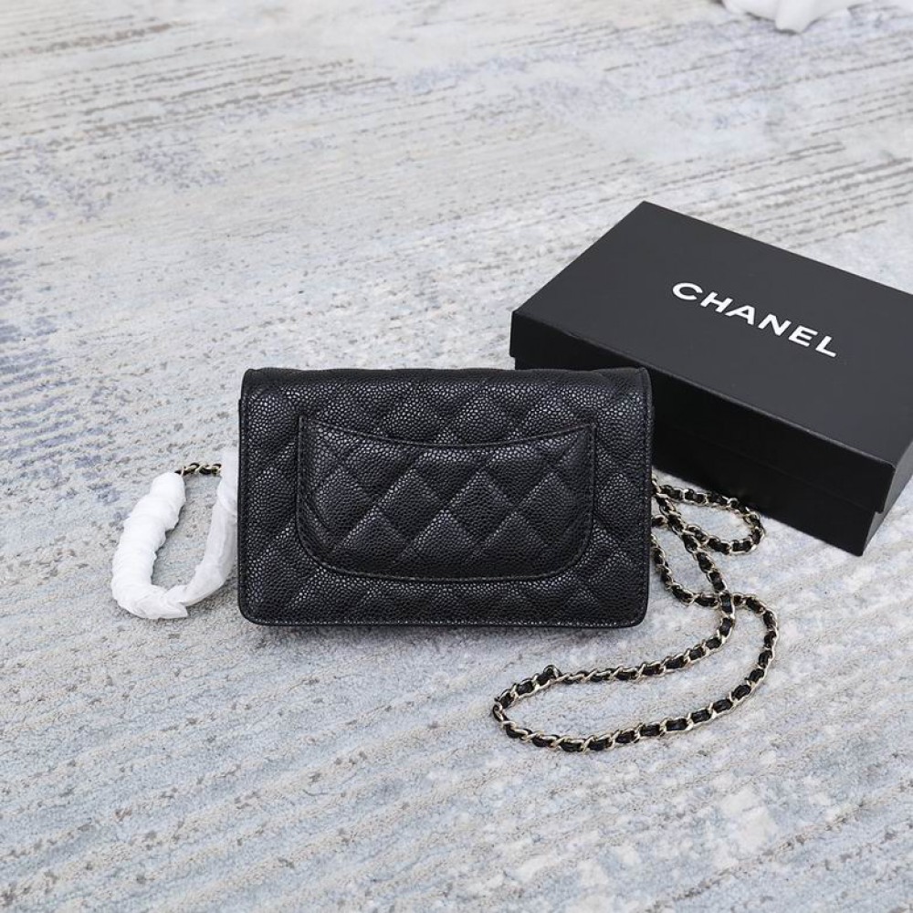 Chanel classic flap leather grained 19x12cm black gold chain Bags