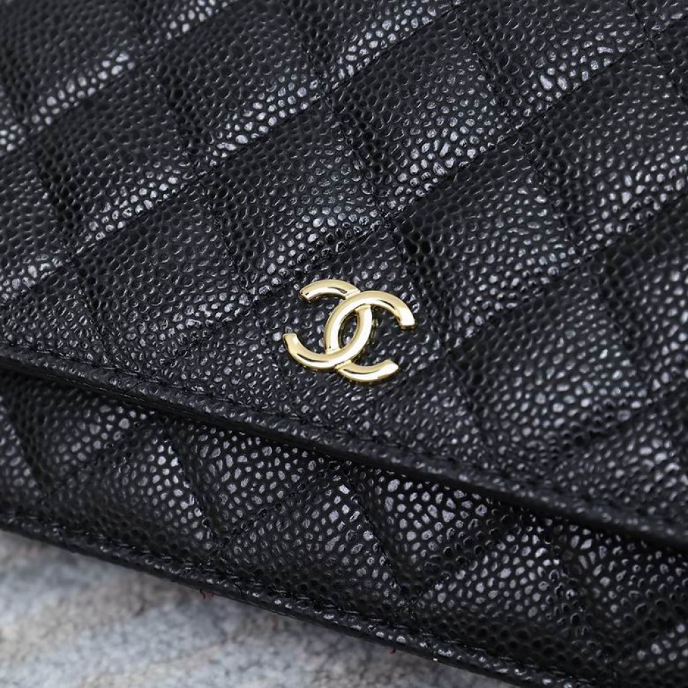Chanel classic flap leather grained 19x12cm black gold chain Bags