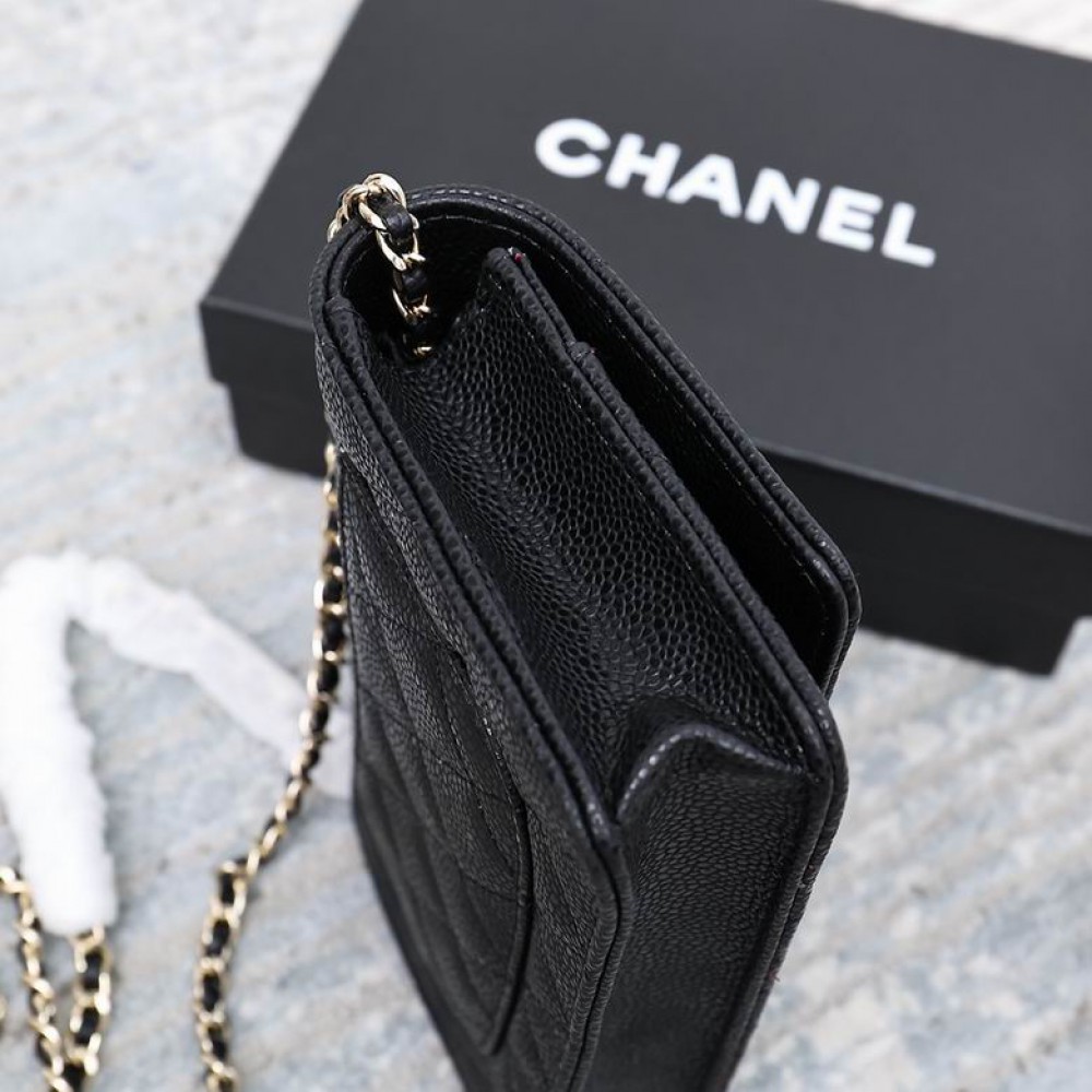 Chanel classic flap leather grained 19x12cm black gold chain Bags