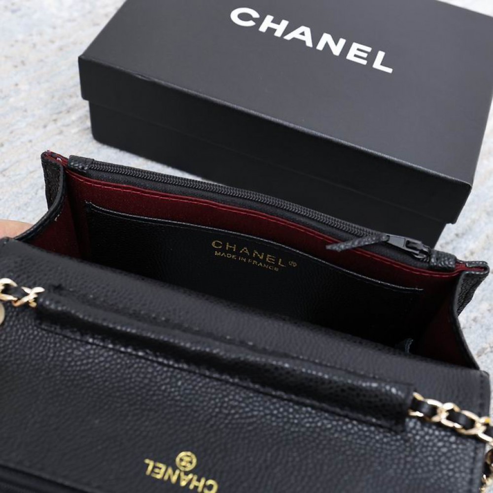 Chanel classic flap leather grained 19x12cm black gold chain Bags