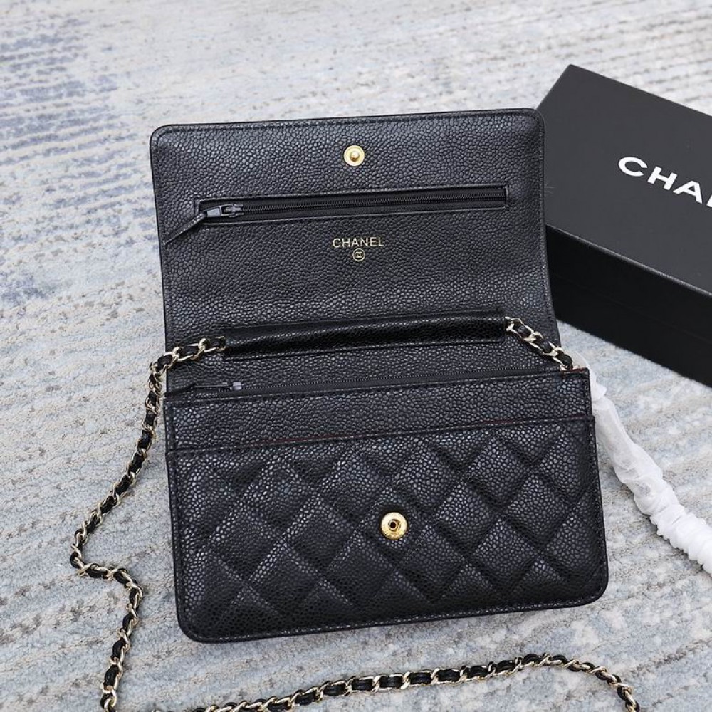 Chanel classic flap leather grained 19x12cm black gold chain Bags
