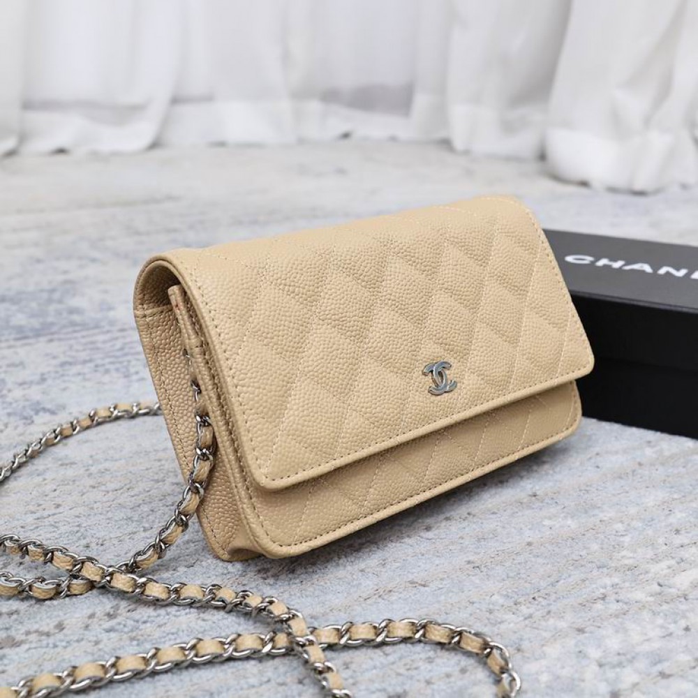 Chanel classic flap leather grained 19x12cm beige silver chain Bags