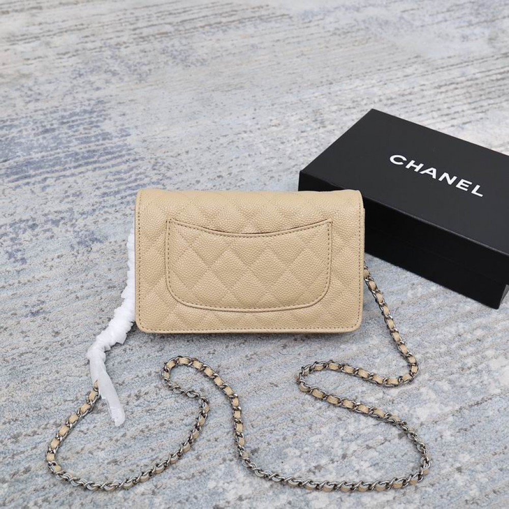 Chanel classic flap leather grained 19x12cm beige silver chain Bags
