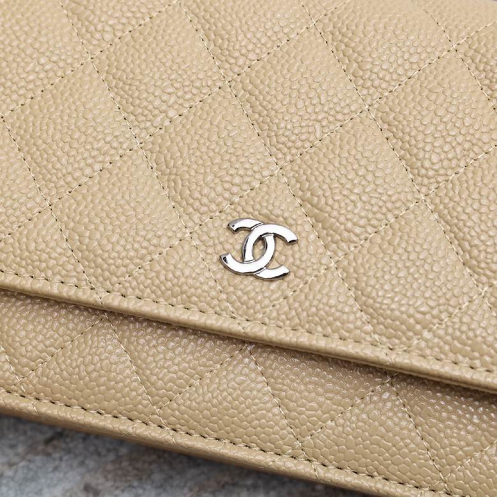 Chanel classic flap leather grained 19x12cm beige silver chain Bags