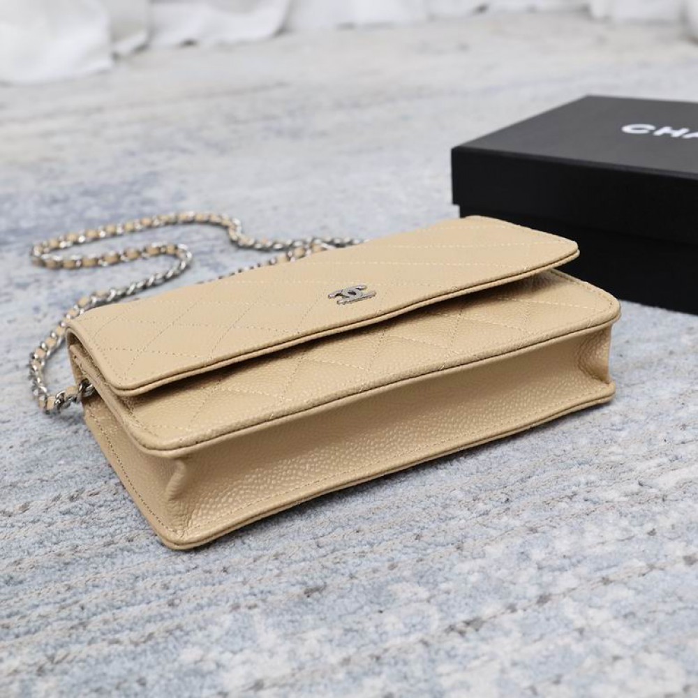 Chanel classic flap leather grained 19x12cm beige silver chain Bags