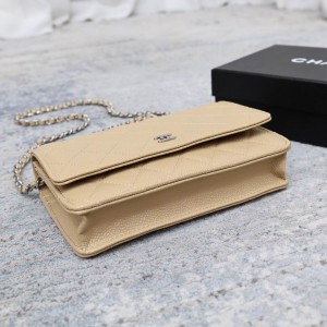 Chanel classic flap leather grained 19x12cm beige silver chain Bags