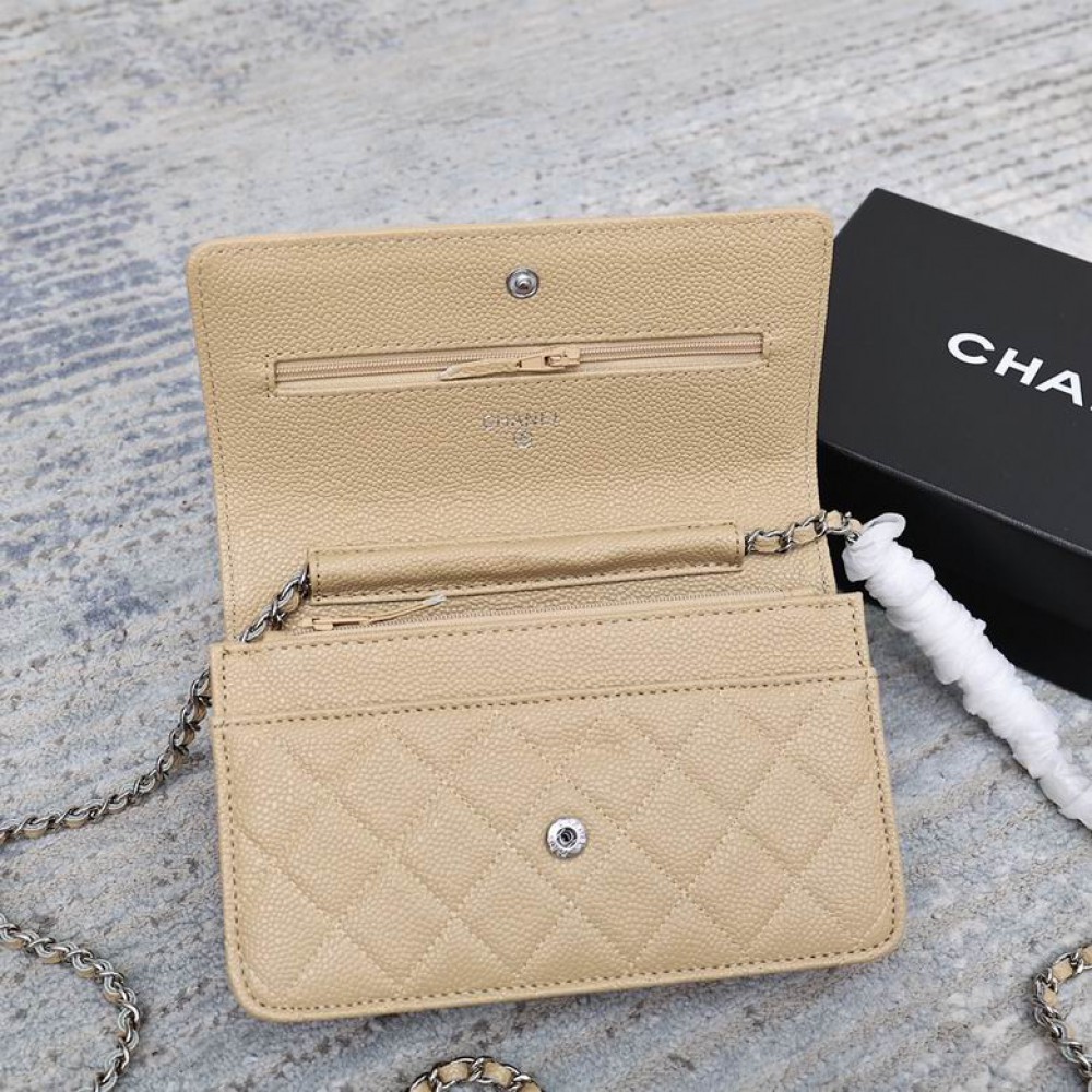 Chanel classic flap leather grained 19x12cm beige silver chain Bags