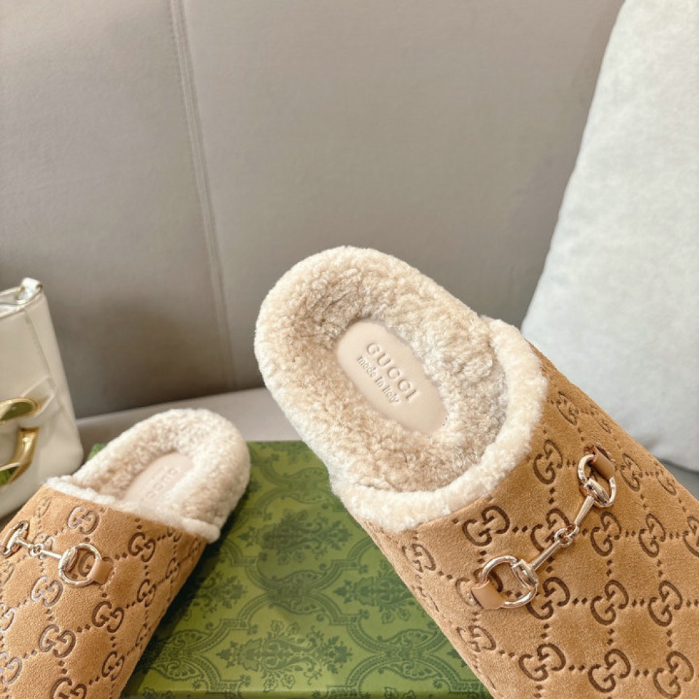 Gucci Horsebit GG shearling-lined suede mules 36-45 Shoes