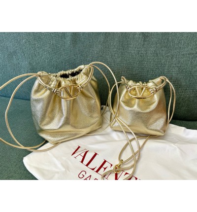 Valentino VLOGO POUF METALLIC LEATHER BUCKET BAG