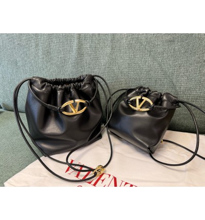 Valentino VLOGO POUF METALLIC LEATHER BUCKET BAG