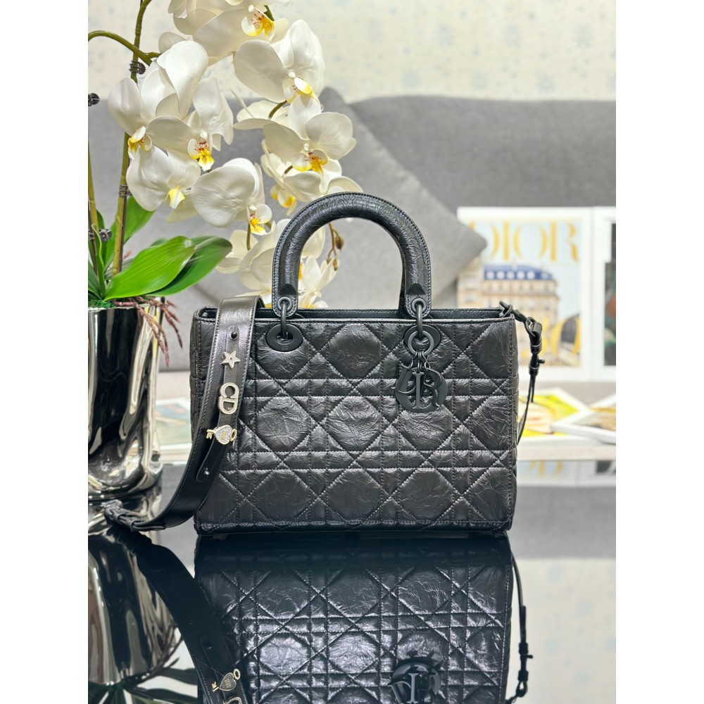 Dior Lady D-Sire bag Black Macrocannage Crinkled Calfskin 30 x 20 x 13 cm Bags