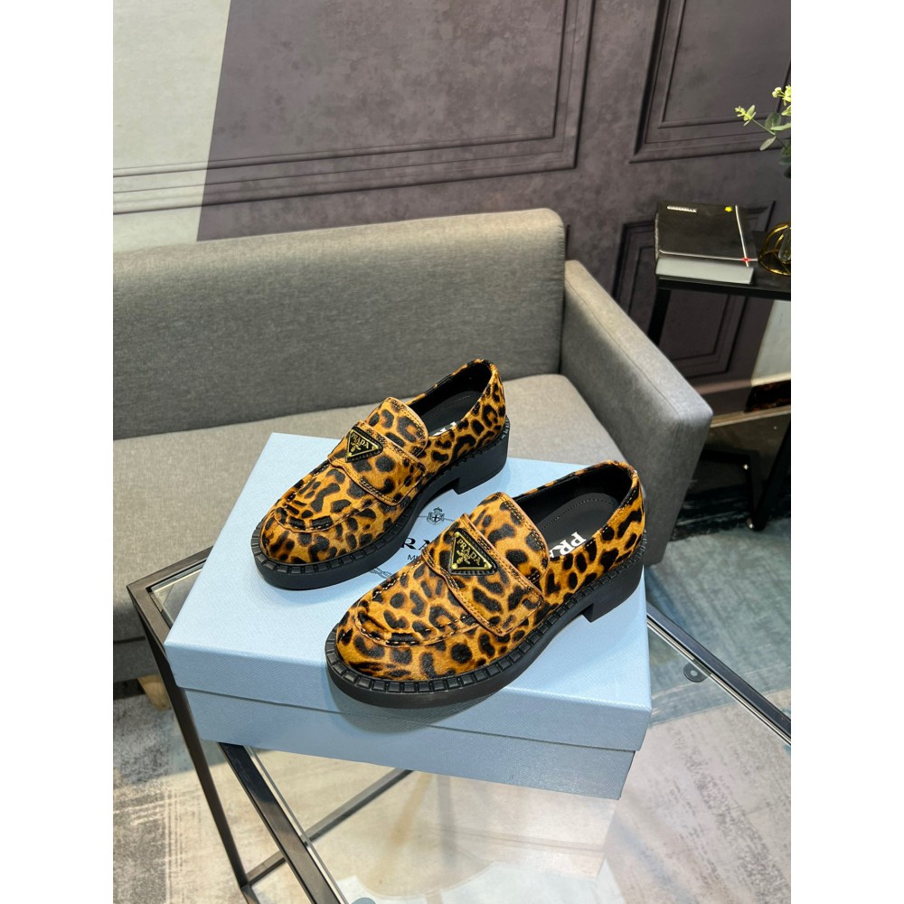Prada Leopard Calf Hair Triangle Loafers 35-44 Shoes