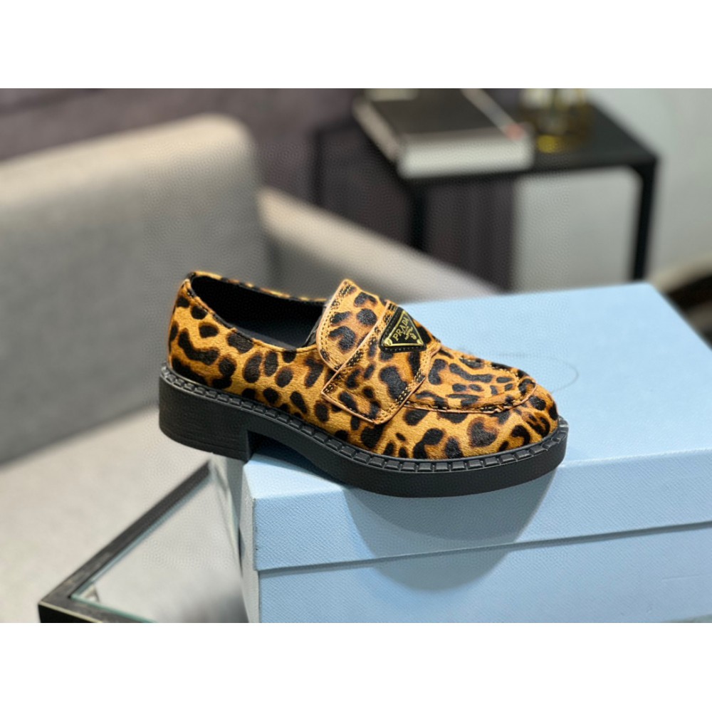 Prada Leopard Calf Hair Triangle Loafers 35-44 Shoes